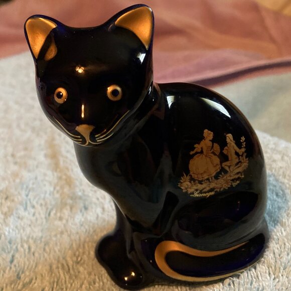 VTG Limoges Castel France Cobalt Blue Porcelain Cat/Kitten Figurine 22K Gold-NOS - Picture 8 of 10